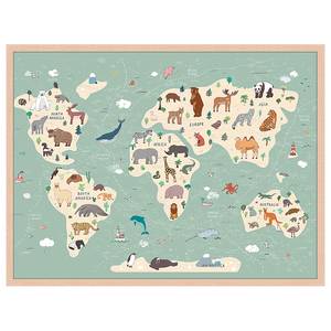 Bild Animals World Map Buche Massiv / Acrylglas - Naturell - 63 x 83 cm