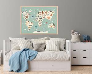 Bild Animals World Map Buche Massiv / Acrylglas - Naturell - 63 x 83 cm