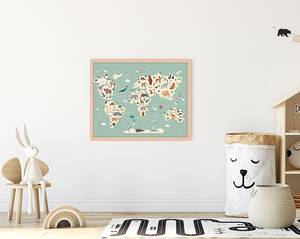 Bild Animals World Map Buche Massiv / Acrylglas - Naturell - 43 x 53 cm