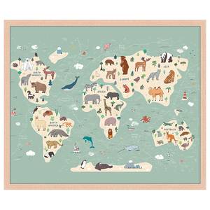 Bild Animals World Map Buche Massiv / Acrylglas - Naturell - 53 x 63 cm
