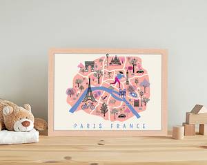 Quadro Paris Cute Map Faggio massello / Vetro acrilico - Naturale - 33 x 43 cm