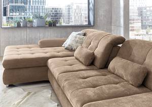 Hoekbank Calstar met chaise longue Geweven stof Porcia: Latte Macchiato - Longchair vooraanzicht links - Zonder slaapfunctie