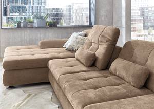 Hoekbank Calstar met chaise longue Geweven stof Porcia: Latte Macchiato - Longchair vooraanzicht links - Zonder slaapfunctie