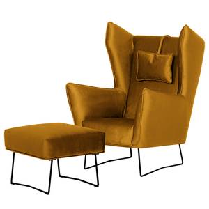 Fauteuil Caleta geweven stof - Velours Onoli: Goud - Met hocker