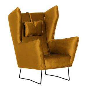 Fauteuil Caleta geweven stof - Velours Onoli: Goud - Met hocker