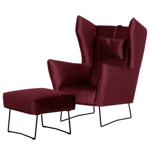 Fauteuil Caleta geweven stof - Velours Onoli: Donkerrood - Met hocker