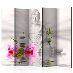 Paravent Buddha and Orchids 1-seitig Vlies auf Massivholz - Pink / Weiß