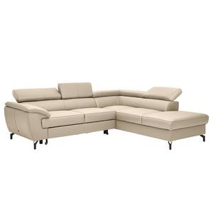 Ecksofa Cartillon mit Longchair Echtleder Mabel: Beige - Ottomane davorstehend rechts - Kopfstütze verstellbar - Schlaffunktion