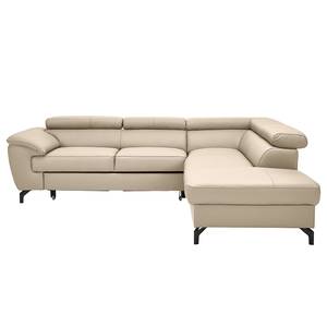 Ecksofa Cartillon mit Longchair Echtleder Mabel: Beige - Ottomane davorstehend rechts - Kopfstütze verstellbar - Schlaffunktion