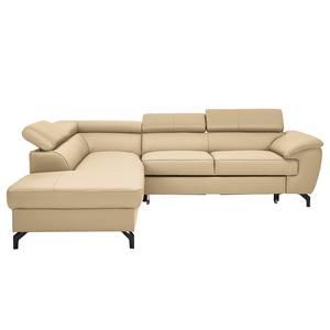 Hoekbank Cartillon met chaise longue Leer Mabel: Beige - Ottomaan vooraanzicht links - Hoofdsteun verstelbaar - Slaapfunctie