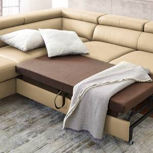 Ecksofa Cartillon mit Longchair Echtleder Mabel: Warmes Beige - Ottomane davorstehend links - Kopfstütze verstellbar - Schlaffunktion