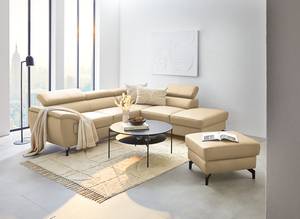 Ecksofa Cartillon mit Longchair Echtleder Mabel: Warmes Beige - Ottomane davorstehend rechts - Kopfstütze verstellbar