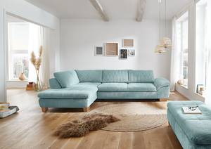 Ecksofa Corintia mit Ottomane Cordstoff Coryn: Hellblau - Ottomane davorstehend links - Keine Funktion - Eiche