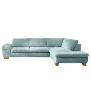 Ecksofa Corintia mit Ottomane Cordstoff Coryn: Hellblau - Ottomane davorstehend rechts - Schlaffunktion - Eiche