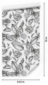 Papier Peint FEUILLES Roses Papillons Noir - Blanc - Papier - Textile - 53 x 1000 x 1000 cm