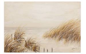 Tableau peint Un jour à la plage Beige - Bois massif - Textile - 90 x 60 x 4 cm