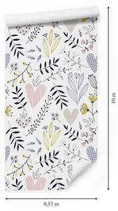 Papier Peint FEUILLES Fleurs Cœurs Noir - Mauve - Blanc - Papier - Textile - 53 x 1000 x 1000 cm