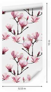 Papier Peint MAGNOLIA Fleurs Plantes Noir - Vert - Rose foncé - Blanc - Papier - Textile - 53 x 1000 x 1000 cm