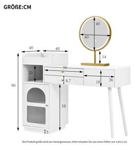 Schminktisch Themis Ⅲ Weiß - Holzwerkstoff - Glas - Metall - Massivholz - 40 x 90 x 120 cm