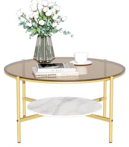 rund Couchtisch Glas Sofatisch Gold Braun - Marmor Weiß Dekor