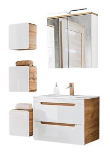 Badezimmer Set Hochgl. weiß mit Eiche Nb Weiß - Holzwerkstoff - 130 x 200 x 46 cm