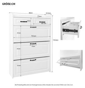 Schuhschrank Coeus Ⅱ Weiß - Holzwerkstoff - Metall - Massivholz - Holzart/Dekor - 24 x 120 x 80 cm