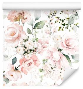 Papier Peint ROSES Feuilles Aquarelle Beige - Vert - Blanc - Papier - Textile - 53 x 1000 x 1000 cm