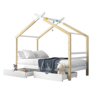 Lit cabane lit enfant Thalassas Ⅴ Marron - Blanc - Bois manufacturé - Métal - Bois massif - Bois/Imitation - 96 x 183 x 210 cm