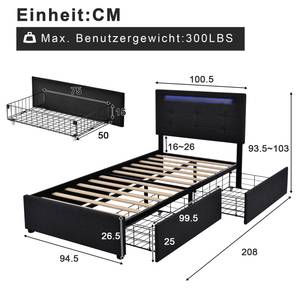 Polsterbett GLOWLEIN Ⅰ Schwarz - 2 Bettkästen - Mit Bettkasten