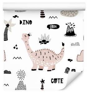 Papier Peint DINOSAURES Palmiers Volcans Beige - Noir - Gris - Blanc - Papier - Textile - 53 x 1000 x 1000 cm