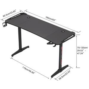 Höhenverstellbar Schreibtisch mit LED Schwarz - Metall - 60 x 75 x 160 cm