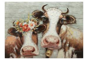 Tableau peint Queens of the Pasture Marron - Blanc - Bois massif - Textile - En partie en bois massif - 100 x 70 x 4 cm