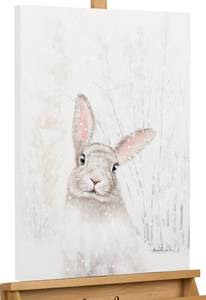Tableau peint Delicate Snow Hare Beige - Bois massif - Textile - 50 x 70 x 4 cm