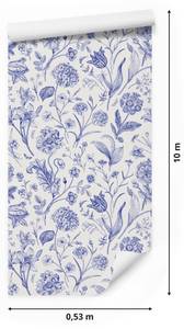 Papier Peint FLEURS Feuilles Plantes Beige - Bleu - Papier - Textile - 53 x 1000 x 1000 cm