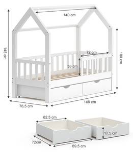 Kinderbett Wiki mit Schubladen Weiß - Massivholz - 76 x 145 x 148 cm