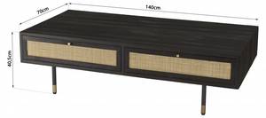 Table basse en pin noire 4 tiroirs Noir - En partie en bois massif - 70 x 40 x 140 cm