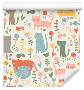 Papier Peint Pour Enfants CHATS Plantes Bleu - Gris - Vert - Rouge - Papier - Textile - 53 x 1000 x 1000 cm