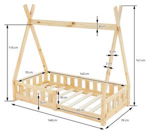 Kinderbett Tipi Rausfallschutz 140x70cm Braun - Massivholz - 76 x 141 x 148 cm