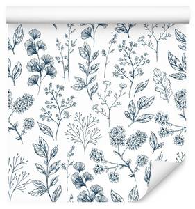 Papier Peint Brindilles PLANTES Nature Bleu - Gris - Blanc - Papier - Textile - 53 x 1000 x 1000 cm