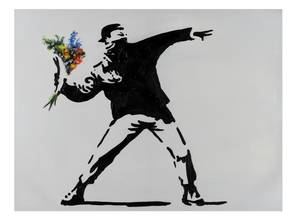 Tableau peint Banksy's Flower Attack Bois massif - Textile - 100 x 75 x 4 cm