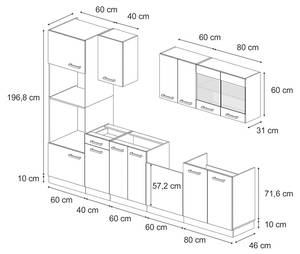 Küchenzeile R-Line 300cm/ohne AP Hochglanz Schwarz - Eiche Dekor