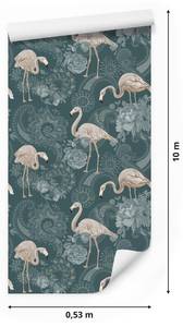 Papier Peint FLAMANTS Fleurs Ornements Beige - Vert - Papier - Textile - 53 x 1000 x 1000 cm