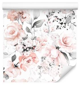 Papier Peint ROSES Feuilles Aquarelle Beige - Gris - Rose foncé - Blanc - Papier - Textile - 53 x 1000 x 1000 cm