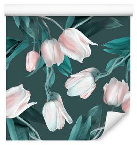 Papier Peint TULIPES Fleurs Feuilles Gris - Vert - Rose foncé - Blanc - Papier - Textile - 53 x 1000 x 1000 cm