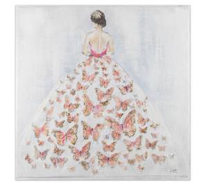 Tableau peint à la main Butterfly Ball Gris - Rose foncé - Bois massif - Textile - 80 x 80 x 4 cm