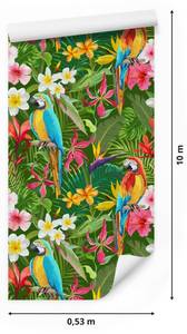 Papier Peint FLEURS Tropicale Perroquets Beige - Bleu - Vert - Rouge - Papier - Textile - 53 x 1000 x 1000 cm