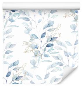 Papier Peint FEUILLES Plantes Aquarelle Beige - Bleu - Gris - Blanc - Papier - Textile - 53 x 1000 x 1000 cm