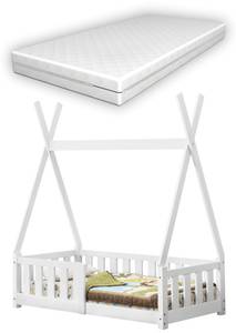 Kinderbett  mit Matratze 70x140cm Weiß Weiß - Massivholz - 76 x 165 x 146 cm
