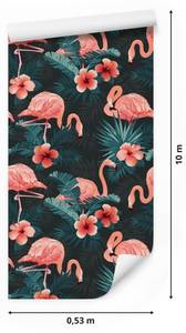 Tapete FLAMINGOS Blätter Blumen Natur Schwarz - Braun - Grün - Rot - Papier - Textil - 53 x 1000 x 1000 cm