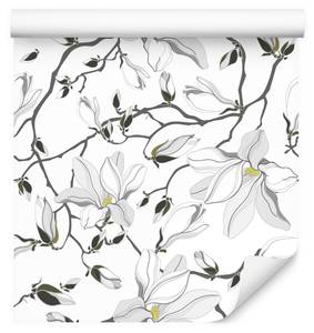 Papier Peint Brindilles FLEURS Magnolia Beige - Noir - Gris - Blanc - Papier - Textile - 53 x 1000 x 1000 cm